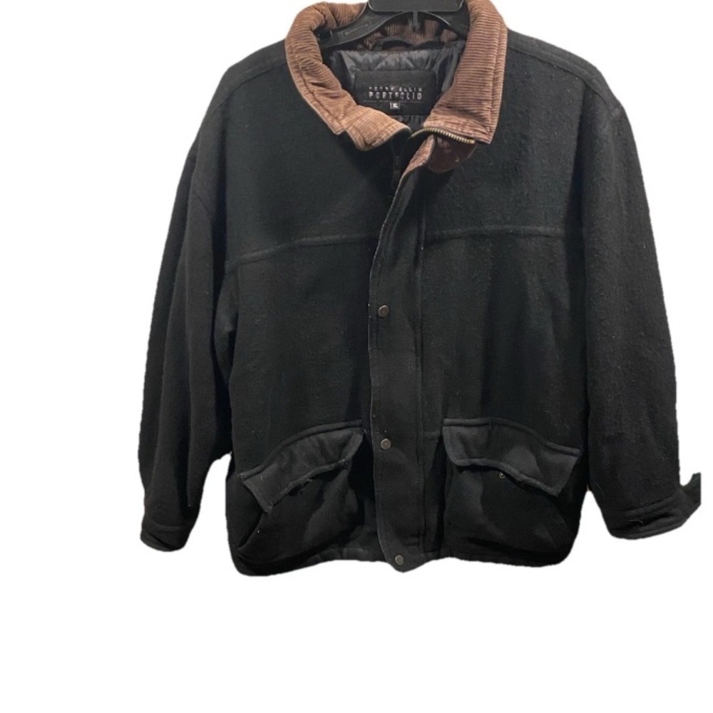 Vintage Perry Ellis Portfolio Black Wool Barn Jacket Brown Corduroy Collar XL
